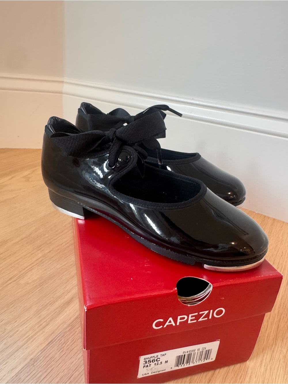 Capezio Black Patent Tap Shoes with Ribbon and snap closure -size 12.5